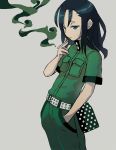  cigarette closed_mouth copyright_request cowboy_shot green_eyes green_hair green_pants green_shirt grey_background hand_up highres holding holding_cigarette long_hair male_focus pants reiesu_(reis) shirt short_sleeves simple_background smoking solo standing 