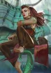  absurdres barefoot bracelet brown_hair character_name dark_skin dirty_feet earrings facial_tattoo graphite_(medium) green_eyes highres illaoi jewelry league_of_legends lipstick long_hair makeup necklace rocker_(fengs1993) sitting solo tattoo teeth tentacles traditional_media younger 