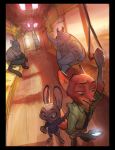  2018 anthro barefoot black_border border canine cellphone clothed clothing dipstick_ears disney duo_focus feline female fox giraffe gloves_(marking) green_eyes group hand_on_shoulder holding_object holding_phone horn inside judy_hopps lagomorph male mammal markings monoflax necktie nick_wilde panther phone purple_eyes rabbit rhinoceros sitting standing train vehicle window zootopia 