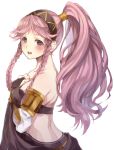  armlet bare_shoulders blush braid breasts commentary fire_emblem fire_emblem:_kakusei gloves hairband hands_on_own_chest jurge long_hair looking_at_viewer medium_breasts midriff olivia_(fire_emblem) open_mouth pink_eyes pink_hair ponytail solo twin_braids 