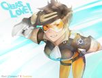  bomber_jacket brown_hair gloves goggles hands_on_hips looking_at_viewer tracer_(overwatch) 