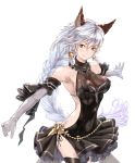  animal_ears backless_outfit bare_shoulders black_dress braid breasts cat_ears cleavage commentary_request covered_nipples dress elbow_gloves erune gloves granblue_fantasy heles large_breasts long_hair sige_(sige555) silver_hair single_braid smile solo standing thighhighs very_long_hair yellow_eyes 