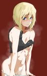  absurdres areolae black_tank_top blonde_hair blue_eyes blush bottomless censored closed_mouth cowboy_shot erica_hartmann heart heart-shaped_pupils highres looking_at_viewer nasubi4499 navel panties panty_pull pussy pussy_juice red_background simple_background smile solo strike_witches sweat symbol-shaped_pupils underwear world_witches_series 