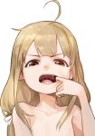  ahoge blonde_hair brown_eyes commentary_request face finger_in_mouth futaba_anzu hand_to_own_mouth idolmaster idolmaster_cinderella_girls long_hair looking_at_viewer mossi mouth_pull nude open_mouth simple_background solo spread_lips teeth tongue upper_body v-shaped_eyebrows white_background 