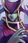  blue_skin closed_mouth fingernails grey_background hand_up hankuri helmet jedah_dohma looking_at_viewer male_focus nail_polish red_eyes red_nails robe serious sharp_fingernails solo vampire_(game) wings 