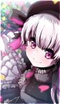  bad_id bad_pixiv_id bangs beret black_bow black_capelet black_dress black_hat blurry blurry_foreground blush bow capelet closed_mouth depth_of_field dress eyebrows_visible_through_hair fate/extra fate/grand_order fate_(series) flower food_print fur-trimmed_capelet fur_trim gothic_lolita hair_between_eyes hat highres lolita_fashion mushroom_print nursery_rhyme_(fate/extra) petals pink_flower purple_eyes silver_hair smile solo striped striped_bow wada_kazu yellow_flower 