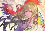  animal animal_on_shoulder bird bird_on_shoulder closed_mouth commentary_request enkidu_(fate/strange_fake) eyebrows_visible_through_hair fate/strange_fake fate_(series) flower green_hair grey_eyes holding holding_flower long_hair male_focus parrot rioka_(southern_blue_sky) sketch smile solo unfinished white_flower 