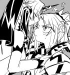  absurdres bare_shoulders blush bridal_veil detached_sleeves face-to-face fate/apocrypha fate_(series) flower frankenstein's_monster_(fate) grey_background greyscale highres looking_at_another monochrome mordred_(fate) mordred_(fate)_(all) multiple_girls one_eye_closed sketch uotsu_(sabakou) upper_body veil yuri 