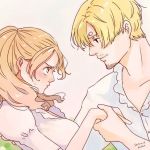  1boy 1girl blonde_hair charlotte_pudding one_piece sanji twintails 