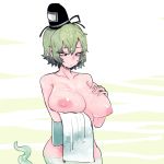  arm_under_breasts black_eyes black_hat breast_drip breast_hold breasts commentary_request cowboy_shot ghost_tail green_hair hand_on_own_chest hat highres holding large_breasts looking_down nipples nude pigeoncrow soga_no_tojiko solo tate_eboshi touhou towel wet wet_hair 