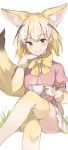  animal_ears artist_name blonde_hair blush bow bowtie brown_eyes closed_mouth commentary cup elbow_gloves eyebrows_visible_through_hair feet_out_of_frame fennec_(kemono_friends) fox_ears fox_tail fur_trim gloves hand_up highres holding kemono_friends looking_at_viewer mochii multicolored_hair pink_sweater puffy_short_sleeves puffy_sleeves shirt short_sleeve_sweater short_sleeves signature simple_background sitting smile solo sweater tail tail_raised teacup thighhighs white_background yellow_legwear yellow_neckwear 