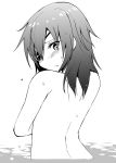  blush commentary_request covering covering_breasts embarrassed eyepatch from_behind greyscale highres kantai_collection kiso_(kantai_collection) looking_at_viewer looking_back masukuza_j monochrome nude partially_submerged simple_background solo water water_surface wet white_background 