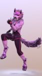  2018 3d_(artwork) blush bulge canine clothing digital_media_(artwork) fur horn kreic looking_at_viewer male mammal purple_fur smile swimsuit tongue wolf 