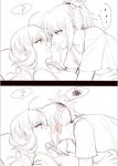  2girls ? ahoge artoria_pendragon_(all) blush comic face-to-face fate/grand_order fate_(series) from_side greyscale incest monochrome mordred_(fate) mordred_(fate)_(all) mother_and_daughter multiple_girls open_mouth saber short_sleeves silent_comic smile spoken_ellipsis spoken_question_mark spoken_squiggle spot_color squiggle yorukun yuri 