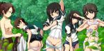  absurdres arm_behind_head bangs bar_censor bare_shoulders black_eyes black_hair black_neckwear black_ribbon black_skirt blue_swimsuit blunt_bangs blurry blurry_foreground breasts brown_eyes brown_hair brown_skirt bush butt_crack censored collarbone commentary day depth_of_field from_behind fubuki_(kantai_collection) grin hair_ribbon hatsuyuki_(kantai_collection) hetare_(hetare013) highres holding_shirt kantai_collection lifted_by_self long_hair looking_at_another looking_back miniskirt miyuki_(kantai_collection) multiple_girls neckerchief nipples no_pants old_school_swimsuit outdoors panties panty_pull parted_bangs parted_lips plant pleated_skirt ponytail pulled_by_self pussy ribbon school_swimsuit school_uniform serafuku shikinami_(kantai_collection) shirayuki_(kantai_collection) shirt_lift shirt_removed short_hair short_ponytail short_sleeves sidelocks skirt skirt_lift small_breasts smile standing sweatdrop swimsuit swimsuit_pull swimsuit_under_clothes tank_top topless tree undershirt underwear undressing white_panties 