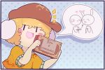  animal_ears blonde_hair blush_stickers box_of_chocolates brown_hat bunny_ears closed_eyes commentary dosh english floppy_ears hat heart holding open_mouth peaked_cap ringo_(touhou) seiran_(touhou) short_hair short_sleeves smile stick_figure touhou |_| 