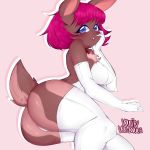  anthro big_butt blue_eyes breasts bright_hair brown_fur butt chelsea_(dkside41) chest_tuft clothed clothing cute female fur hair lagomorph leggings legwear looking_at_viewer lying mammal on_side pink_hair rabbit scar smile solo thick_thighs tuft vonnir 