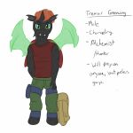  4_fingers alchemist anthro backpack barefoot belt black_body black_skin cargo_pants changeling clothed clothing ear_fins english_text fan_character fangs fin fuze green_eyes green_pants green_wings grin hair hand_behind_back hand_on_thigh hi_res hooves horn hunter insect_wings male model_sheet my_little_pony orange_hair pants red_shirt sharp_teeth short_hair simple_background sleeveless_shirt smile smirk solo standing teeth text tremar_greenwing utility_belt white_background wings 