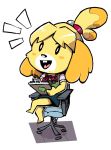  2018 3_toes 4_fingers animal_crossing anthro barefoot blonde_hair buckteeth canine clipboard clothing crossed_legs digital_media_(artwork) dog female fur hair hi_res isabelle_(animal_crossing) kappa-ross looking_at_viewer mammal nintendo open_mouth simple_background sitting skirt smile solo teeth toes vest video_games white_background yellow_fur 