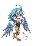  :d absurdres ahoge bare_shoulders blue_hair blue_wings chibi claws dated eyebrows_visible_through_hair full_body hair_between_eyes harpy highres kagiyama_(gen'ei_no_hasha) looking_at_viewer monster_girl monster_musume_no_iru_nichijou open_mouth papi_(monster_musume) short_shorts shorts signature simple_background smile solo standing standing_on_one_leg tank_top white_background winged_arms wings 