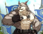  2017 abs anthro barazoku belt biceps big_muscles black_nose blizzard_(disambiguation) blue_eyes canine claws clothed clothing drks fangs fur genn_greymane gloves grey_fur hi_res kemono male mammal muscular pants pecs piercing solo standing teeth topless video_games warcraft were werewolf white_fur worgen 