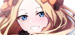  :d abigail_williams_(fate/grand_order) bad_id bad_pixiv_id bangs black_bow blonde_hair blue_eyes blush bow eyebrows_visible_through_hair face fate/grand_order fate_(series) forehead hair_bow head_tilt highres long_hair looking_at_viewer open_mouth orange_bow parted_bangs smile solo wada_kazu 