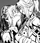  absurdres blood clenched_teeth commentary_request face-to-face fate/apocrypha fate_(series) frankenstein's_monster_(fate) greyscale highres injury looking_at_another monochrome mordred_(fate) mordred_(fate)_(all) multiple_girls open_mouth scowl short_hair sketch teeth uotsu_(sabakou) upper_body 