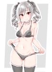  ass_visible_through_thighs bangs black_bra black_legwear black_panties blush bow bow_bra bow_panties bra breasts choker cleavage closed_mouth collarbone cowboy_shot drill_hair eyebrows_visible_through_hair frilled_choker frilled_legwear frills grey_background grey_bow hair_bow highres idolmaster idolmaster_cinderella_girls kanzaki_ranko lifted_by_self long_hair looking_at_viewer medium_breasts navel panties panty_lift red_eyes shirushiru_(saitou888) silver_hair smile solo standing sweatdrop thighhighs twin_drills twintails underwear underwear_only white_choker 