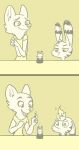  2018 anthro candle canine cheek_tuft clasped_hands clothed clothing comic disney duo ear_markings facial_markings female fire fox fuel_(artist) fur_markings head_tuft holding_object humor jack_savage lagomorph male mammal markings match open_mouth open_smile rabbit restricted_palette simple_background skye_(zootopia) smile tuft yellow_background zootopia 