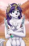  2018 anthro armor black_nose blue_eyes breasts canine chest_tuft cleavage clothed clothing convenient_censorship covering covering_breasts dagger female fur grass hair headdress helmet heresy_(artist) horn legend_of_mana looking_at_viewer mammal mana_(series) melee_weapon nude outside partially_clothed purple_hair sierra_(mana) tree tuft video_games weapon white_backdrop white_fur wolf 