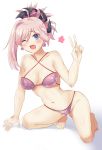  ;d absurdres all_fours barefoot bikini blue_eyes breasts cleavage earrings fate/grand_order fate_(series) floral_print hair_ornament highres jewelry kneeling looking_at_viewer medium_breasts miyamoto_musashi_(fate/grand_order) one_eye_closed open_mouth pink_bikini pink_hair ponytail samoore simple_background smile solo swimsuit v white_background 
