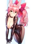  :3 animal_ears bangs blush breasts catsuit cleavage closed_mouth collarbone commentary_request eyebrows_visible_through_hair fate/extra fate/grand_order fate_(series) fox_ears fox_tail glasses highres large_breasts leg_up long_hair looking_at_viewer pink_hair ponytail shiny shiny_clothes sidelocks silver15 smile solo tail tamamo_(assassin)_(fate) tamamo_(fate)_(all) thick_eyebrows thigh_gap thighs yellow_eyes 