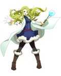  black_legwear blonde_hair blue_dress boots brown_eyes brown_footwear cape dress floating_hair full_body fur_trim holding holding_staff knee_boots log_horizon long_hair marielle_(log_horizon) official_art open_mouth outstretched_arms pantyhose pointy_ears short_dress solo staff standing transparent_background very_long_hair white_cape 