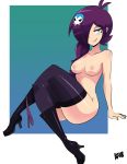  1girl ass bigdead93 breasts hair_over_one_eye high_heel_boots legs long_hair nipples purple_hair solo underwear zone-tan 