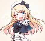  ;d blonde_hair blue_eyes blue_sailor_collar dress foreshortening gloves hat jervis_(kantai_collection) kantai_collection long_hair looking_at_viewer namaata one_eye_closed open_mouth pink_background sailor_collar sailor_dress sailor_hat short_sleeves smile solo star starry_background white_dress white_gloves white_hat 
