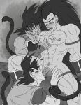  3boys alphalightbearer bara dragon_ball erection fellatio grin groping male_focus male_lactation multiple_boys muscle nipples nude pecs penis scar sitting size_difference sucking threesome yaoi 