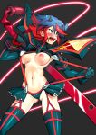  ass_visible_through_thighs black_hair black_legwear blue_eyes blush breasts cherry-bosoms cowboy_shot garter_straps hands_up highres kill_la_kill legs_apart living_clothes matoi_ryuuko medium_breasts microskirt midriff multicolored_hair navel nipples open_mouth pleated_skirt pulled_by_self red_hair revealing_clothes scissor_blade senketsu short_hair skirt solo strap_pull streaked_hair suspenders thighhighs two-tone_hair weapon weapon_on_back 