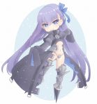  armor armored_boots bangs black_coat blue_eyes blue_ribbon boots chibi coat commentary_request crotch_plate eyebrows_visible_through_hair fate/extra fate/extra_ccc fate/grand_order fate_(series) full_body hair_ornament hair_ribbon highres kinakonato long_hair long_sleeves looking_at_viewer meltlilith navel purple_hair revealing_clothes ribbon simple_background sleeves_past_fingers sleeves_past_wrists smile solo spikes very_long_hair very_long_sleeves 