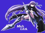  armor armored_boots bangs black_coat blue_background blue_eyes blue_hair blue_ribbon boots character_name coat commentary_request fate/extra fate/extra_ccc fate/grand_order fate_(series) hair_ornament hair_ribbon long_hair long_sleeves looking_at_viewer meltlilith purple_hair revealing_clothes ribbon simple_background sleeves_past_fingers sleeves_past_wrists solo very_long_hair very_long_sleeves zatou_(kirsakizato) 