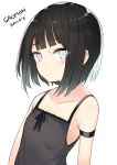  armband bangs bare_shoulders black_hair blunt_bangs blush camisole closed_mouth commentary_request flower grey_eyes highres original short_hair simple_background solo translation_request tsunekichi upper_body white_background 