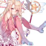  bangs blonde_hair blush boots closed_mouth commentary dress elbow_gloves eyebrows_visible_through_hair fate/kaleid_liner_prisma_illya fate_(series) gloves hair_ornament hakuishi_aoi illyasviel_von_einzbern long_hair looking_at_viewer magical_ruby parted_bangs pink_dress pink_eyes pink_footwear pink_gloves pink_legwear prisma_illya sidelocks simple_background sitting smile solo thigh_boots thighhighs thighs two_side_up white_background white_gloves 