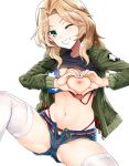  ;d american_flag_bikini ass_visible_through_thighs bangs belt belt_buckle bikini bikini_under_clothes blonde_hair blush breasts buckle buttons commentary_request denim denim_shorts emblem eyebrows_visible_through_hair fine_fabric_emphasis flag_print forehead girls_und_panzer green_eyes green_jacket grin head_tilt heart heart-shaped_boob_challenge heart_hands highres inverted_nipples jacket kay_(girls_und_panzer) lips long_hair long_sleeves looking_at_viewer micro_shorts nakasone_haiji navel nipples one_breast_out one_eye_closed open_clothes open_fly open_mouth open_shorts parted_bangs red_ribbon ribbon shiny shiny_hair shorts side-tie_bikini simple_background sitting skindentation smile solo spread_legs stomach swimsuit teeth thighhighs thighs unbuckled_belt unbuttoned unzipped white_background white_legwear zipper 