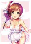  :d apron armpits bangs blush breasts brown_eyes brown_hair cleavage collarbone cowboy_shot eyebrows_visible_through_hair flying_sweatdrops groin heart heart_background holding idolmaster idolmaster_cinderella_girls igarashi_kyouko ladle leaning_forward long_hair looking_at_viewer medium_breasts ment naked_apron open_mouth pink_background scrunchie side_ponytail sideboob simple_background smile solo standing thighs white_scrunchie wide_hips 