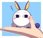  &lt;o&gt;_&lt;o&gt; animal_ears blanket blue_background blush_stickers bunny_ears facing_viewer fate/grand_order fate_(series) hands holding long_hair medjed minigirl nitocris_(fate/grand_order) nitocris_(swimsuit_assassin)_(fate) ogachin outline purple_hair riyo_(lyomsnpmp)_(style) simple_background translated very_long_hair white_outline 