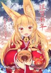  1girl absurdres animal_ears bell bell_collar between_breasts blonde_hair blush boar breasts chinese_zodiac collar fox_ears happy_new_year highres huge_breasts japanese_clothes kimono long_hair looking_at_viewer new_year open_mouth orange_eyes original shinoshinosp smile solo year_of_the_pig 