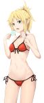  absurdres ass_visible_through_thighs bikini blonde_hair breasts cowboy_shot fang fate/apocrypha fate/grand_order fate_(series) food front-tie_top green_eyes half_updo highres hosh long_hair looking_at_viewer lowleg lowleg_bikini mordred_(fate)_(all) mordred_(swimsuit_rider)_(fate) navel open_mouth ponytail popsicle red_bikini side-tie_bikini simple_background small_breasts solo standing swimsuit white_background 