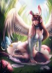  alexandra_mae animal_ears arm_support artist_name banned_artist bare_shoulders blue_sky breasts brown_eyes brown_hair brown_legwear bunny_ears cleavage cloud commentary d.va_(overwatch) day easter easter_egg egg eggshell elbow_gloves facepaint facial_mark feathered_wings feathers full_body gloves grass headphones lace lace-trimmed_thighhighs large_breasts leotard light_rays light_smile lips long_hair looking_at_viewer outdoors overwatch pink_lips signature sitting sky solo strapless strapless_leotard sunlight thighhighs watermark web_address whisker_markings white_feathers white_gloves white_leotard white_wings wings yokozuwari 