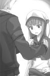  1girl ayakura_juu blush couple craft_lawrence eyebrows_visible_through_hair greyscale hand_on_hip holo long_hair monochrome novel_illustration official_art open_mouth shirt spice_and_wolf standing upper_body 