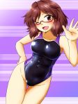 ;d black_swimsuit blush breasts brown_eyes brown_hair competition_swimsuit d-m_(dii_emu) glasses highres low_twintails medium_breasts one-piece_swimsuit one_eye_closed open_mouth purple_background purple_swimsuit red-framed_eyewear semi-rimless_eyewear short_hair smile solo swimsuit thigh_gap touhou twintails two-tone_swimsuit under-rim_eyewear usami_sumireko 