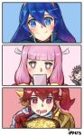  3girls anna_(fire_emblem) asama_(fire_emblem_if) blue_hair blush cape coin drooling father_and_daughter finger_to_mouth fire_emblem fire_emblem:_kakusei fire_emblem_heroes fire_emblem_if gloves gold heart heart-shaped_pupils highres ippers long_hair looking_at_viewer lucina mitama_(fire_emblem_if) multiple_girls open_mouth pink_hair ponytail red_eyes red_hair saliva short_hair simple_background smile star star-shaped_pupils symbol-shaped_pupils v yellow_eyes 